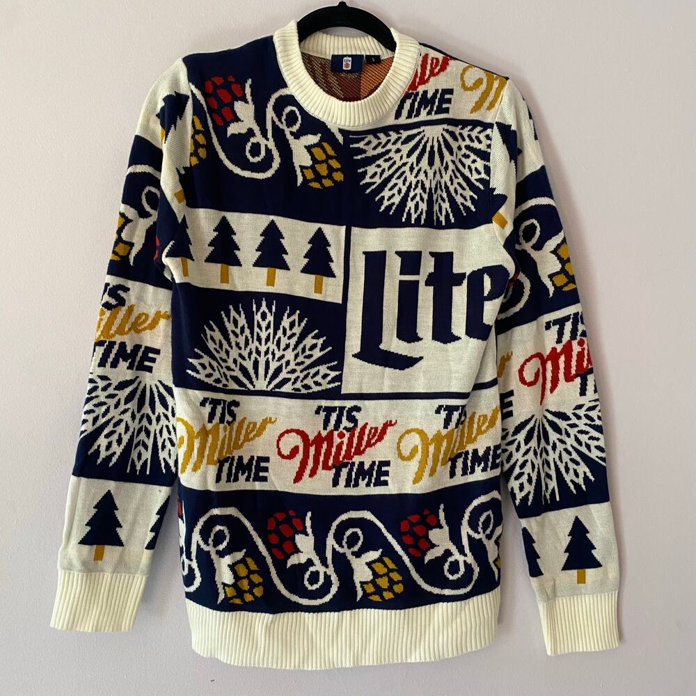 Miller Lite Ugly Christmas Holiday Sweater Crewneck Navy Blue White Men's Small